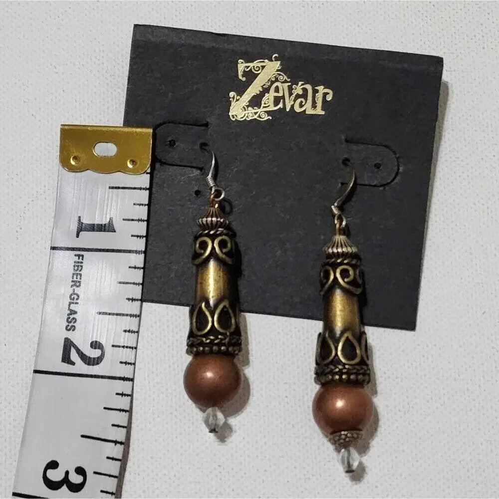 Treska Zevar Antique Gold Filigree Drop Earrings with Copper Bead Crystal Accent